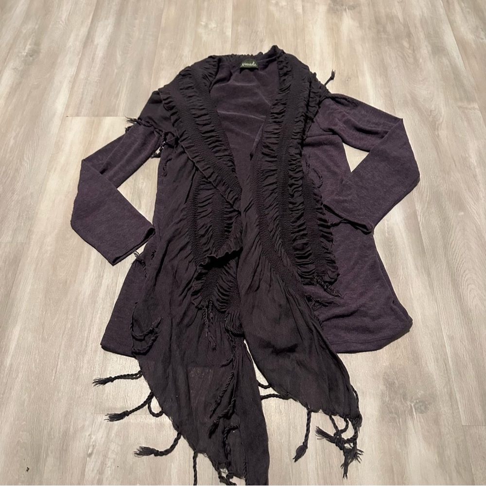 Anthropologie Maude Purple Fringe Scarf Open Cardigan Top Sz M